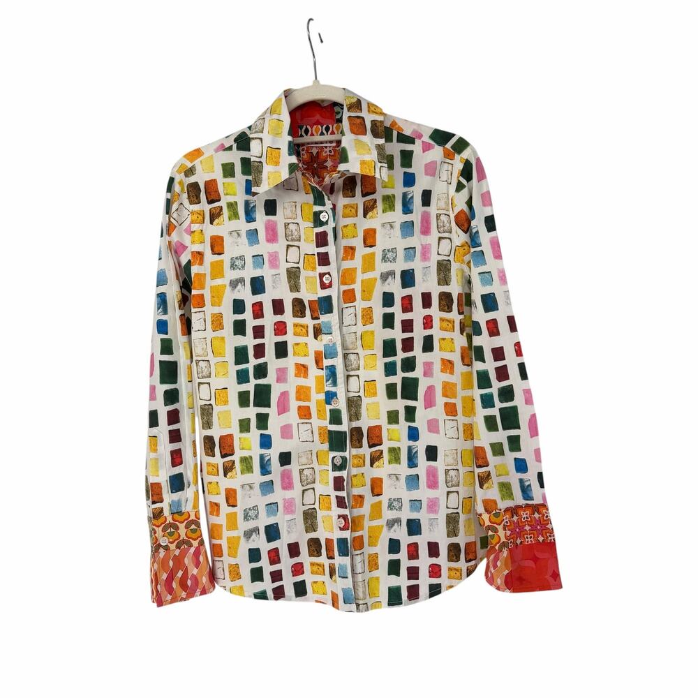 Tizzie Colorful Grid Print Button Up Long Sleeve Contrasting Cuffs Sz Medium